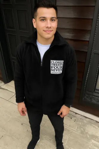 Erkek Polar Fermuarlı Sweatshirt – Kapüşonsuz, Cepli, Yumuşak Dokulu, Oversize Rahat Kalıp, Kışlık Sıcak Tutan Fermuarlı Üst - Siyah - 1