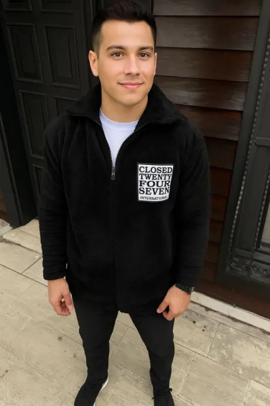 Erkek Polar Fermuarlı Sweatshirt – Kapüşonsuz, Cepli, Yumuşak Dokulu, Oversize Rahat Kalıp, Kışlık Sıcak Tutan Fermuarlı Üst - Siyah - 1