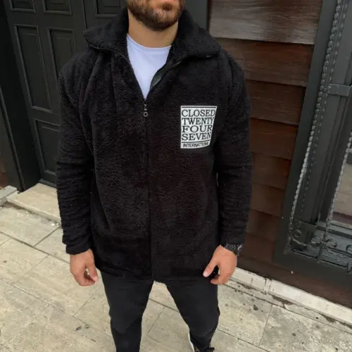 Erkek Polar Fermuarlı Sweatshirt – Kapüşonsuz, Cepli, Yumuşak Dokulu, Oversize Rahat Kalıp, Kışlık Sıcak Tutan Fermuarlı Üst - Siyah - BÜYÜKBEDENIZ (1)