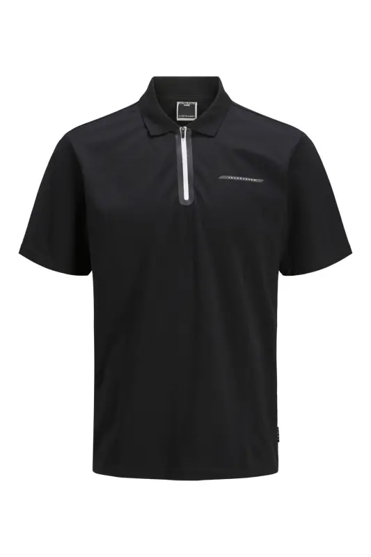 Erkek Polo Yaka Premium Tişört Siyah - Siyah-Beyaz-Zip - JACK & JONES