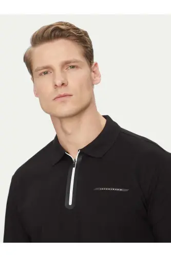 Erkek Polo Yaka Premium Tişört Siyah - Siyah-Beyaz-Zip - JACK & JONES (1)