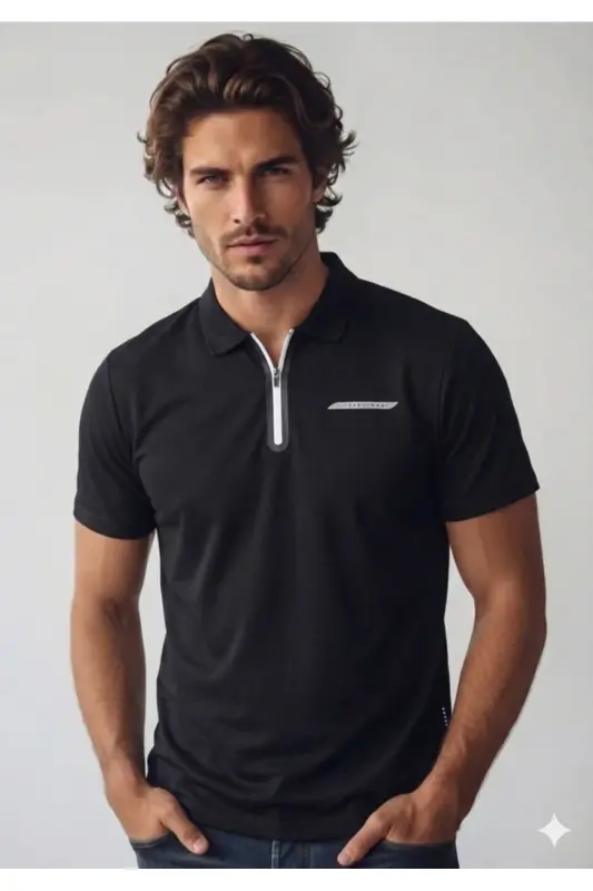 Erkek Polo Yaka Premium Tişört Siyah - Siyah-Beyaz-Zip - 7