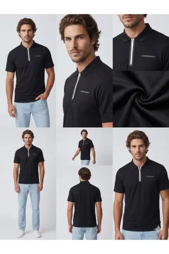 Erkek Polo Yaka Premium Tişört Siyah - Siyah-Beyaz-Zip - 8