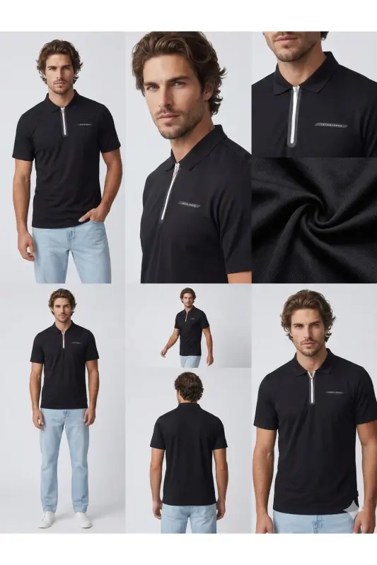 Erkek Polo Yaka Premium Tişört Siyah - Siyah-Beyaz-Zip - 8