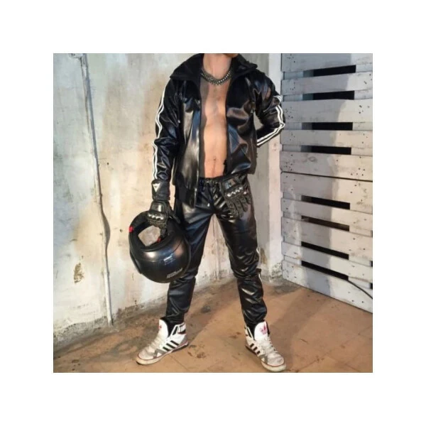 Men's PU Leather Hoodie Suit Casual Sportswear Hooded Jogging Suit Sportswear Men Outfit Set Juicy Tracksuit- - Modazone (1)