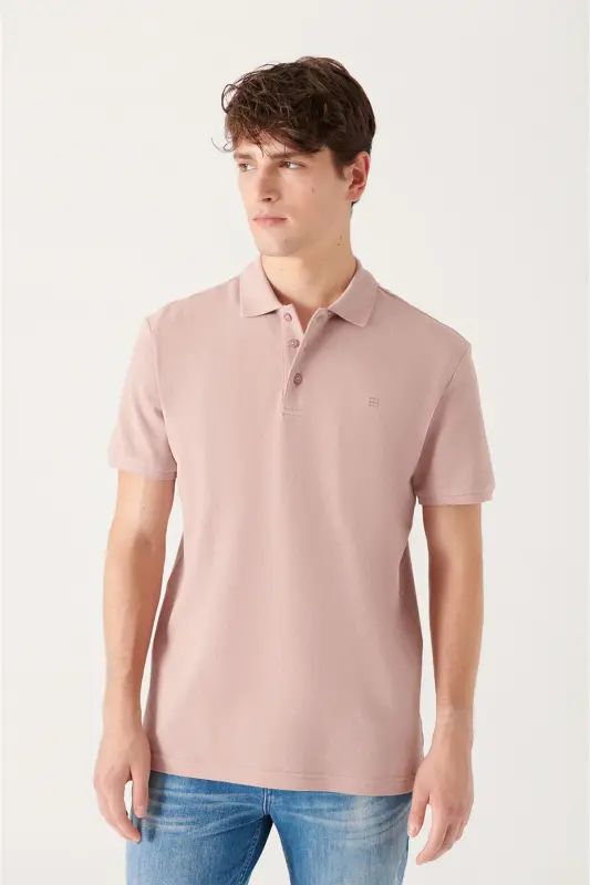 Erkek Pudra Basic Pamuklu Polo Yaka T-shirt E001004-Pudra - 1