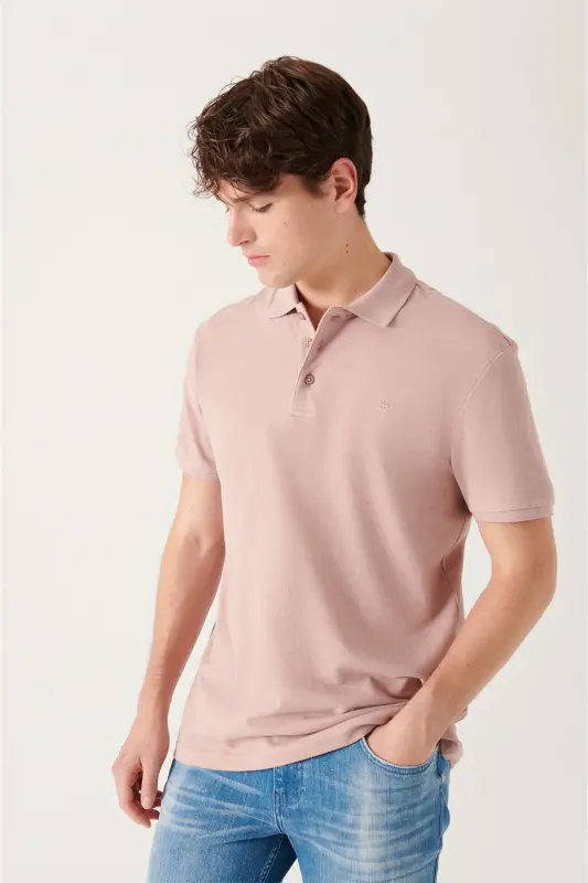 Erkek Pudra Basic Pamuklu Polo Yaka T-shirt E001004 - Pudra - 3