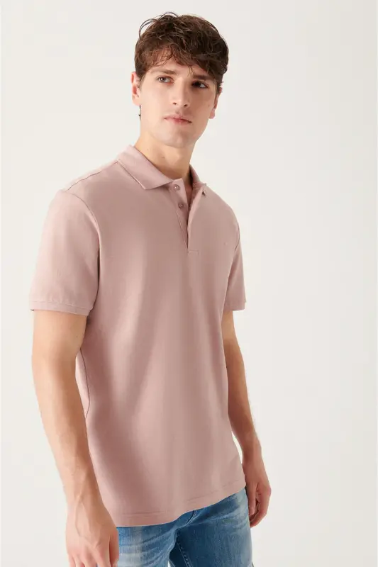 Erkek Pudra Basic Pamuklu Polo Yaka T-shirt E001004 - Pudra - 5