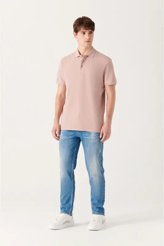Erkek Pudra Basic Pamuklu Polo Yaka T-shirt E001004 - Pudra - 6
