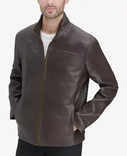Men's Smooth Leather Jacket, Created for Modazone - Brown - 5