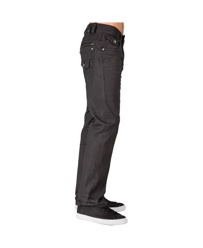 Men's Relaxed Straight Leg Premium Denim Jeans Black Coated Throwback Style Zipper Trim Pockets - Espresso - 3
