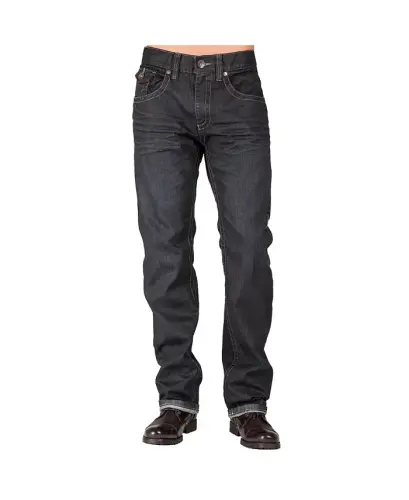 Men's Relaxed Straight Leg Premium Denim Jeans Black Coated Throwback Style Zipper Trim Pockets - Blue burst 