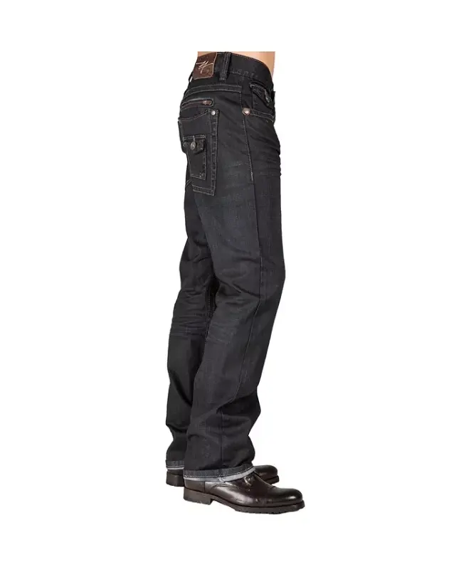 Men's Relaxed Straight Leg Premium Denim Jeans Black Coated Throwback Style Zipper Trim Pockets - Blue burst - 2