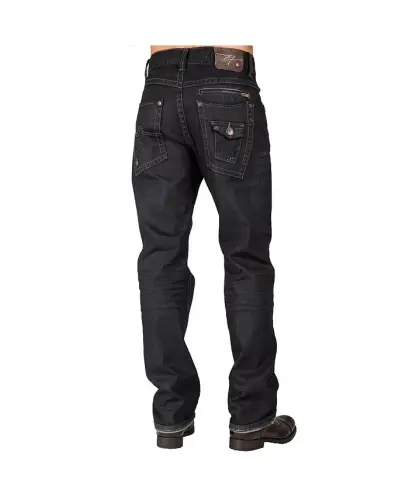 Men's Relaxed Straight Leg Premium Denim Jeans Black Coated Throwback Style Zipper Trim Pockets - Blue burst - 3
