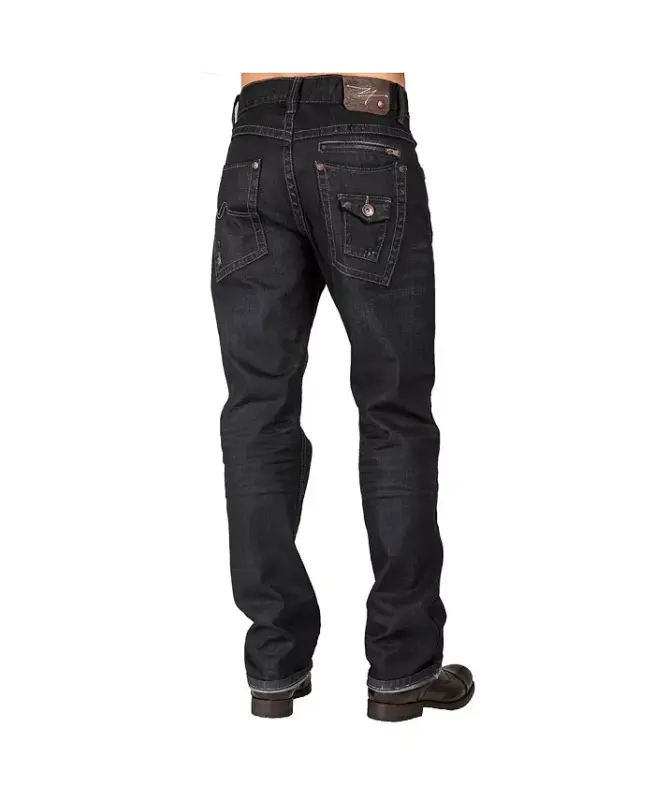 Men's Relaxed Straight Leg Premium Denim Jeans Black Coated Throwback Style Zipper Trim Pockets - Blue burst - 3