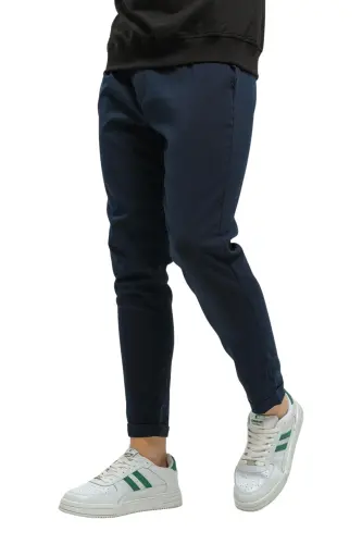 Erkek Rahat Kalıp Beli Lastikli Esnek Rahat Dokuma Kumaş Slim Fit Pantolon - LACİVERT 