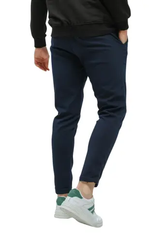 Erkek Rahat Kalıp Beli Lastikli Esnek Rahat Dokuma Kumaş Slim Fit Pantolon - LACİVERT - 3
