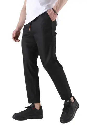 Erkek Rahat Kalıp Beli Lastikli Esnek Rahat Dokuma Kumaş Slim Fit Pantolon - SİYAH - 1