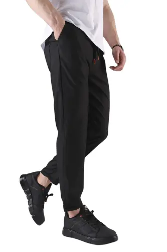 Erkek Rahat Kalıp Beli Lastikli Esnek Rahat Dokuma Kumaş Slim Fit Pantolon - SİYAH - 3