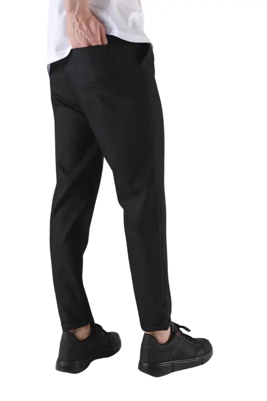 Erkek Rahat Kalıp Beli Lastikli Esnek Rahat Dokuma Kumaş Slim Fit Pantolon - SİYAH - 4