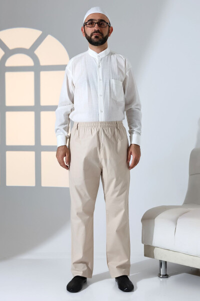 Erkek Rahat Kesim Beli Lastikli Cepli Hac ve Umre Keten Şalvar Pantolon - Bej (KRK)-Bej - 1