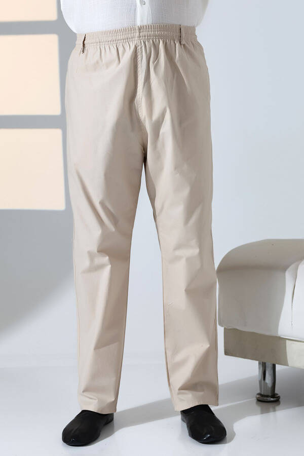 Erkek Rahat Kesim Beli Lastikli Cepli Hac ve Umre Keten Şalvar Pantolon - Bej (KRK)-Bej - 4