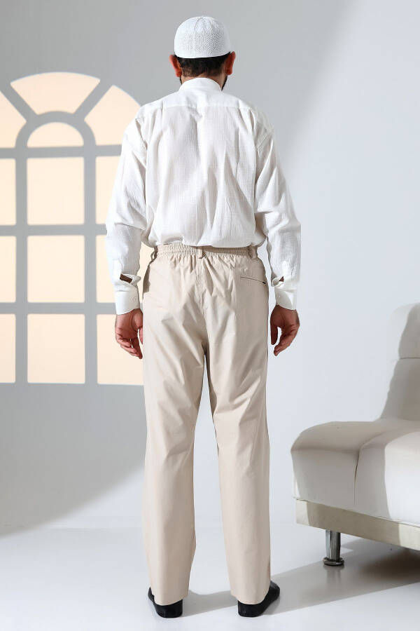 Erkek Rahat Kesim Beli Lastikli Cepli Hac ve Umre Keten Şalvar Pantolon - Bej (KRK)-Bej - 7