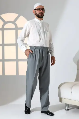 Erkek Rahat Kesim Beli Lastikli Cepli Hac ve Umre Kumaş Şalvar Pantolon - Gri (ISR)-Gri - 2