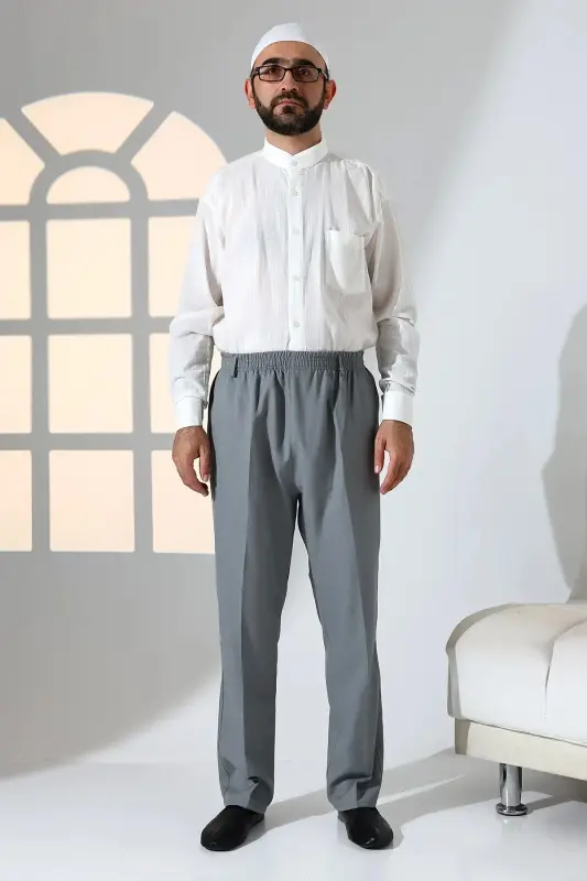 Erkek Rahat Kesim Beli Lastikli Cepli Hac ve Umre Kumaş Şalvar Pantolon - Gri (ISR)-Gri - 1