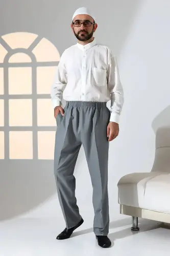 Erkek Rahat Kesim Beli Lastikli Cepli Hac ve Umre Kumaş Şalvar Pantolon - Gri (ISR)-Gri - 3