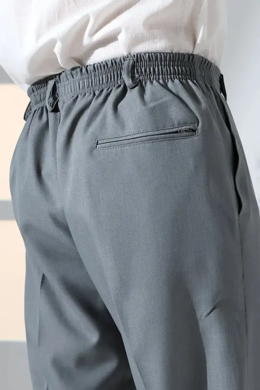 Erkek Rahat Kesim Beli Lastikli Cepli Hac ve Umre Kumaş Şalvar Pantolon - Gri (ISR)-Gri - 6