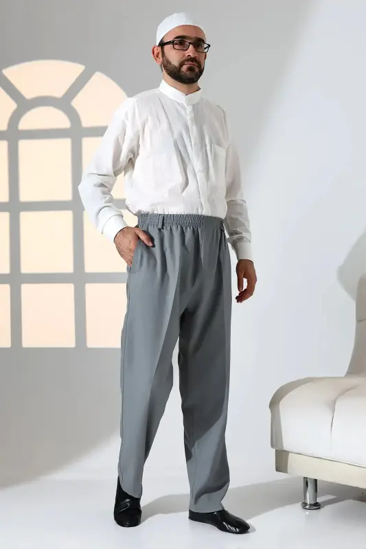 Erkek Rahat Kesim Beli Lastikli Cepli Hac ve Umre Kumaş Şalvar Pantolon - Gri (ISR)-Gri - 2
