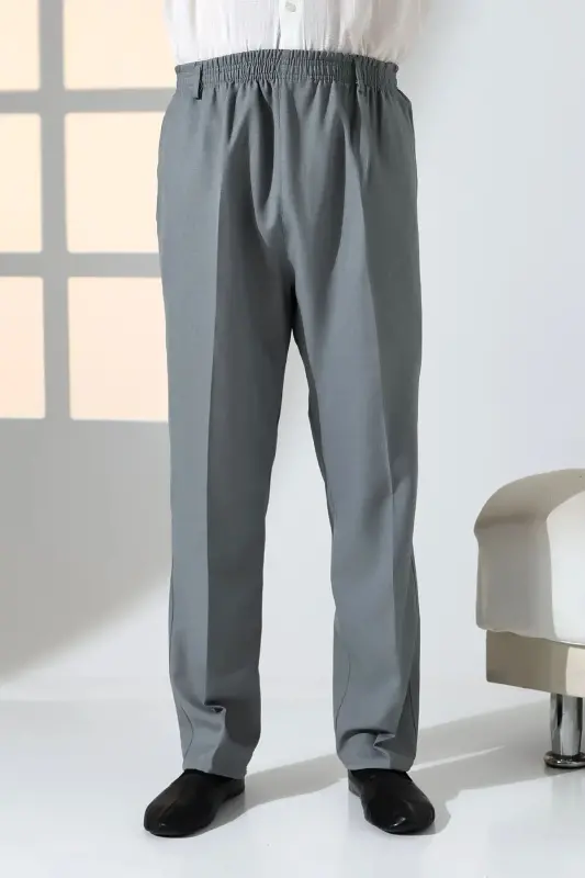 Erkek Rahat Kesim Beli Lastikli Cepli Hac ve Umre Kumaş Şalvar Pantolon - Gri (ISR)-Gri - 4