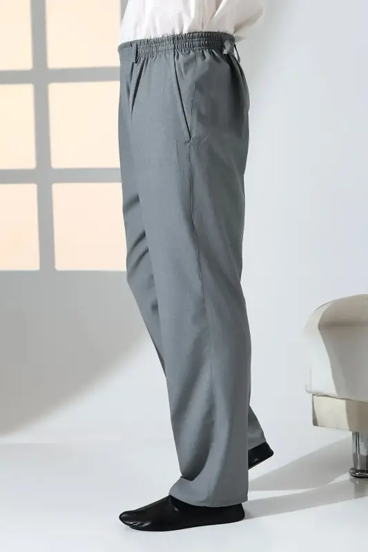 Erkek Rahat Kesim Beli Lastikli Cepli Hac ve Umre Kumaş Şalvar Pantolon - Gri (ISR)-Gri - 5