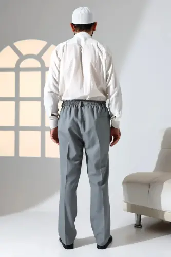 Erkek Rahat Kesim Beli Lastikli Cepli Hac ve Umre Kumaş Şalvar Pantolon - Gri (ISR)-Gri - 7