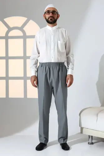 Erkek Rahat Kesim Beli Lastikli Cepli Hac ve Umre Kumaş Şalvar Pantolon - Gri (ISR)-Gri 