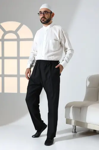 Erkek Rahat Kesim Beli Lastikli Cepli Hac ve Umre Kumaş Şalvar Pantolon - Siyah (ISR)-Siyah - IHVAN ONLINE (1)