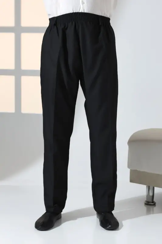 Erkek Rahat Kesim Beli Lastikli Cepli Hac ve Umre Kumaş Şalvar Pantolon - Siyah (ISR)-Siyah - 4