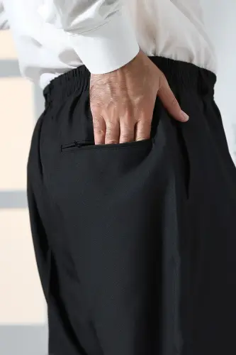 Erkek Rahat Kesim Beli Lastikli Cepli Hac ve Umre Kumaş Şalvar Pantolon - Siyah (ISR)-Siyah - 6