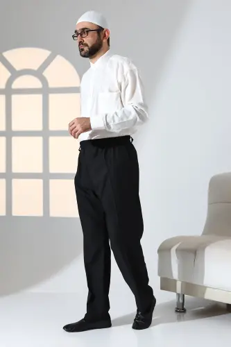 Erkek Rahat Kesim Beli Lastikli Cepli Hac ve Umre Kumaş Şalvar Pantolon - Siyah (ISR)-Siyah - 3