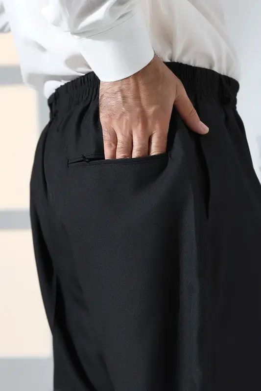 Erkek Rahat Kesim Beli Lastikli Cepli Hac ve Umre Kumaş Şalvar Pantolon - Siyah (ISR)-Siyah - 6