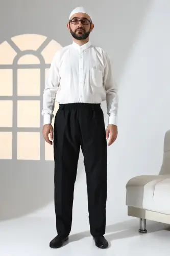 Erkek Rahat Kesim Beli Lastikli Cepli Hac ve Umre Kumaş Şalvar Pantolon - Siyah (ISR)-Siyah 