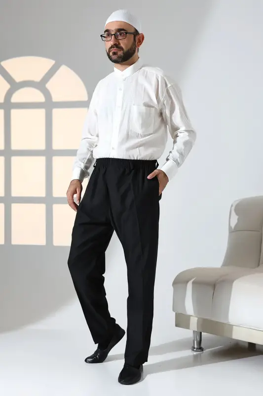 Erkek Rahat Kesim Beli Lastikli Cepli Hac ve Umre Kumaş Şalvar Pantolon - Siyah (ISR)-Siyah - 2