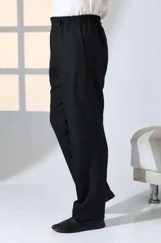 Erkek Rahat Kesim Beli Lastikli Cepli Hac ve Umre Kumaş Şalvar Pantolon - Siyah (ISR)-Siyah - 5