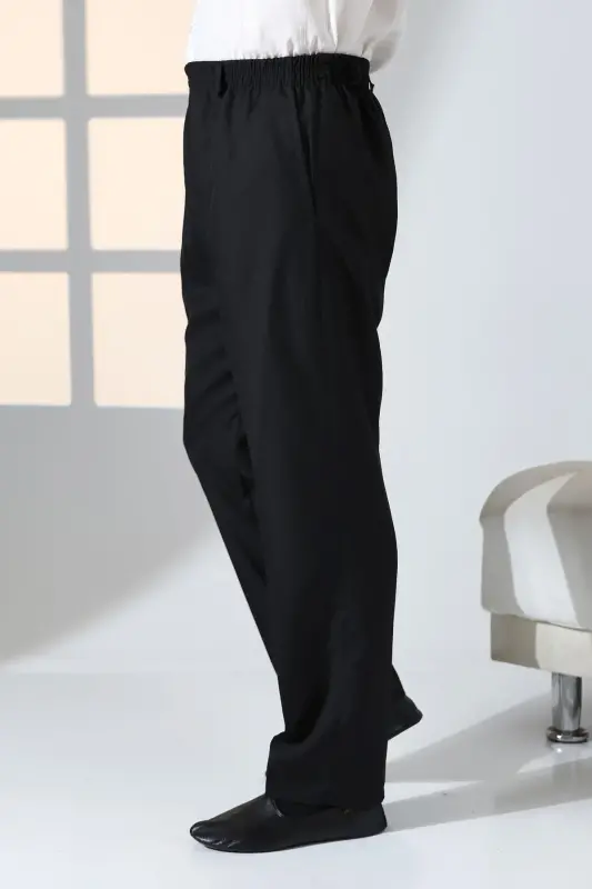 Erkek Rahat Kesim Beli Lastikli Cepli Hac ve Umre Kumaş Şalvar Pantolon - Siyah (ISR)-Siyah - 5