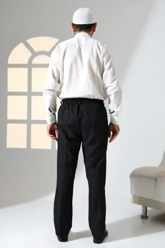 Erkek Rahat Kesim Beli Lastikli Cepli Hac ve Umre Kumaş Şalvar Pantolon - Siyah (ISR)-Siyah - 7