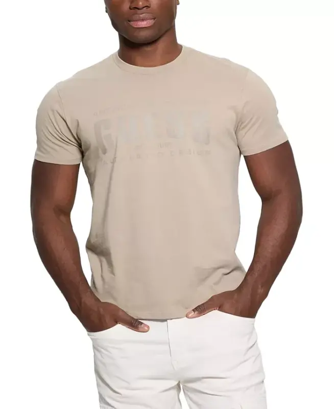Men's Relaxed Fit Short Sleeve Crewneck Logo T-Shirt-Tan - GUESS