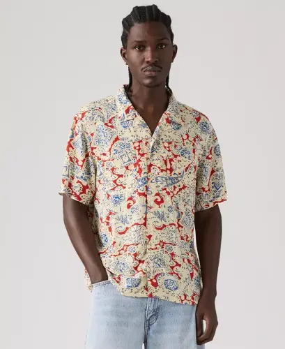 Men's Relaxed-Fit Camp Collar Shirt - Red - 1