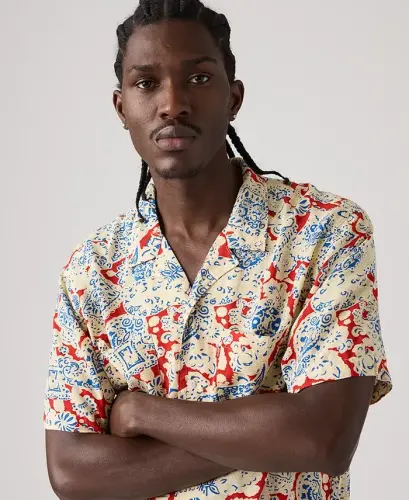 Men's Relaxed-Fit Camp Collar Shirt - Red - 3