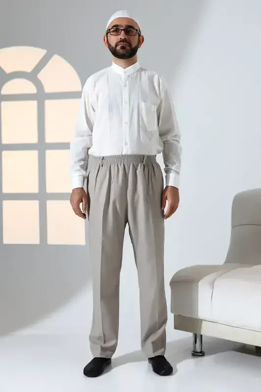 Erkek Rahat Kesim Beli Lastikli Cepli Hac ve Umre Kumaş Şalvar Pantolon - Toprak Rengi (İSR)-Toprak Rengi - 1